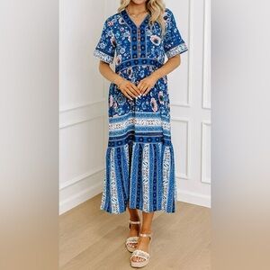 Sunday Blue and Pink Patterned Maxi Dress Size Large